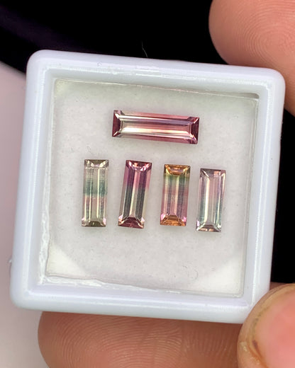 Natural Bi Color Tourmaline Lot 2.41 Carat Mix Size Baguette Shape Faceted Gemstone 5 Piece Lot 
