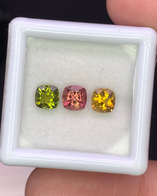 Natural Multi Color Tourmaline Lot 1.65 Carat 5x5 MM Cushion Shape Faceted Gemstone 3 Piece Lot