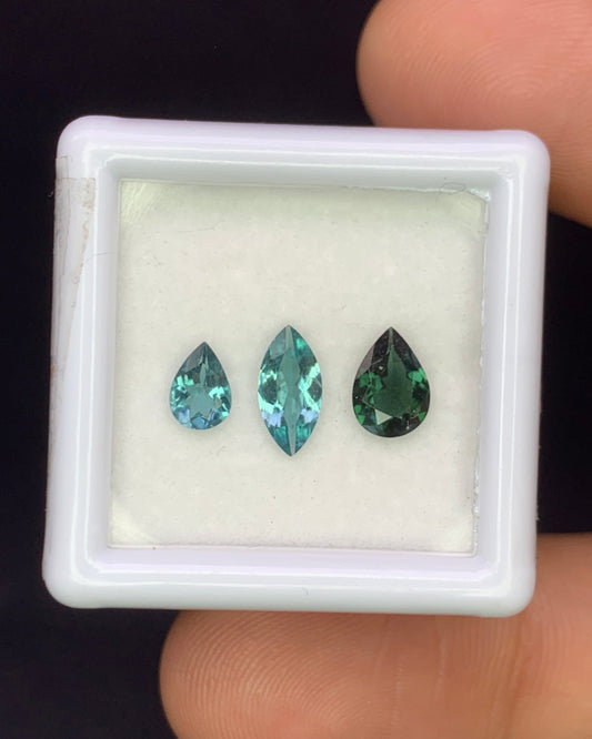 Natural Blue and Green Tourmaline Lot 1.18 Carat Mix Size Pear and Marquise Shape Faceted Gemstone 3 Piece Lot 
