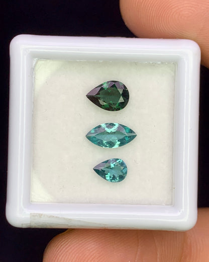 Natural Blue and Green Tourmaline Lot 1.18 Carat Mix Size Pear and Marquise Shape Faceted Gemstone 3 Piece Lot 