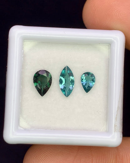 Natural Blue and Green Tourmaline Lot 1.18 Carat Mix Size Pear and Marquise Shape Faceted Gemstone 3 Piece Lot 
