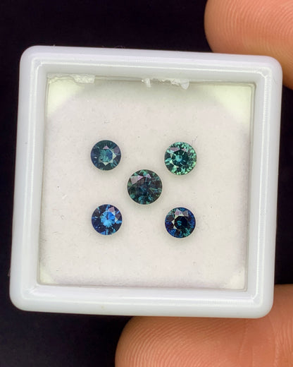 Natural Blue and Green Sapphire Lot 1.10 Carat Mix Size Round Shape Faceted Gemstone 5 Piece Lot
