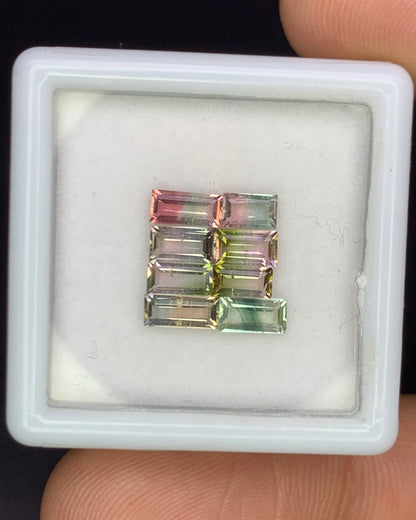 Natural Bi Color Tourmaline Lot 1.66Carat Mix Size Baguette Shape Faceted Gemstone 8 Piece Lot 