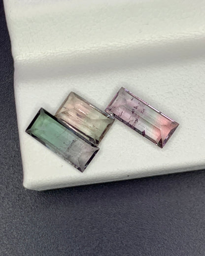 Natural Bi Color Tourmaline Lot 2.21 Carat Mix Size Baguette Shape Faceted Gemstone 3 Piece Lot 