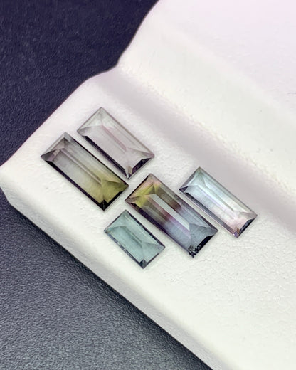 Natural Bi Color Tourmaline Lot 2.71 Carat Mix Size Baguette Shape Faceted Gemstone 5 Piece Lot 