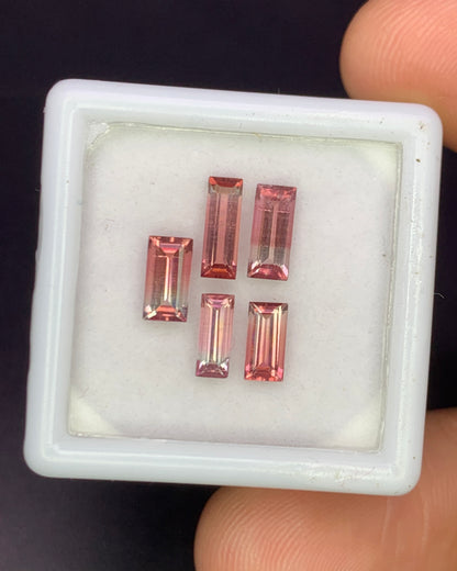 Natural Bi Color Tourmaline Lot 1.94 Carat Mix Size Baguette Shape Faceted Gemstone 5 Piece Lot