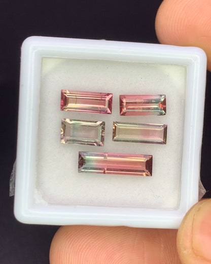 Natural Bi Color Tourmaline Lot 3.29 Carat Mix Size Baguette Shape Faceted Gemstone 5 Piece Lot 