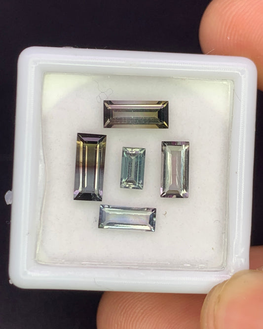 Natural Bi Color Tourmaline Lot 2.71 Carat Mix Size Baguette Shape Faceted Gemstone 5 Piece Lot 