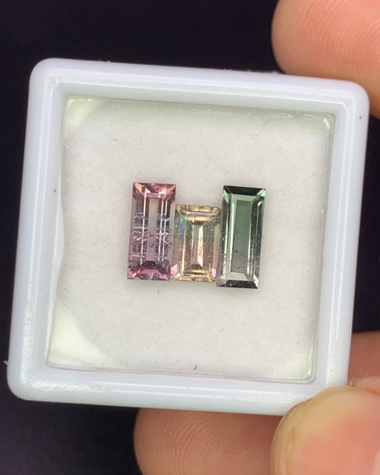Natural Bi Color Tourmaline Lot 2.21 Carat Mix Size Baguette Shape Faceted Gemstone 3 Piece Lot 