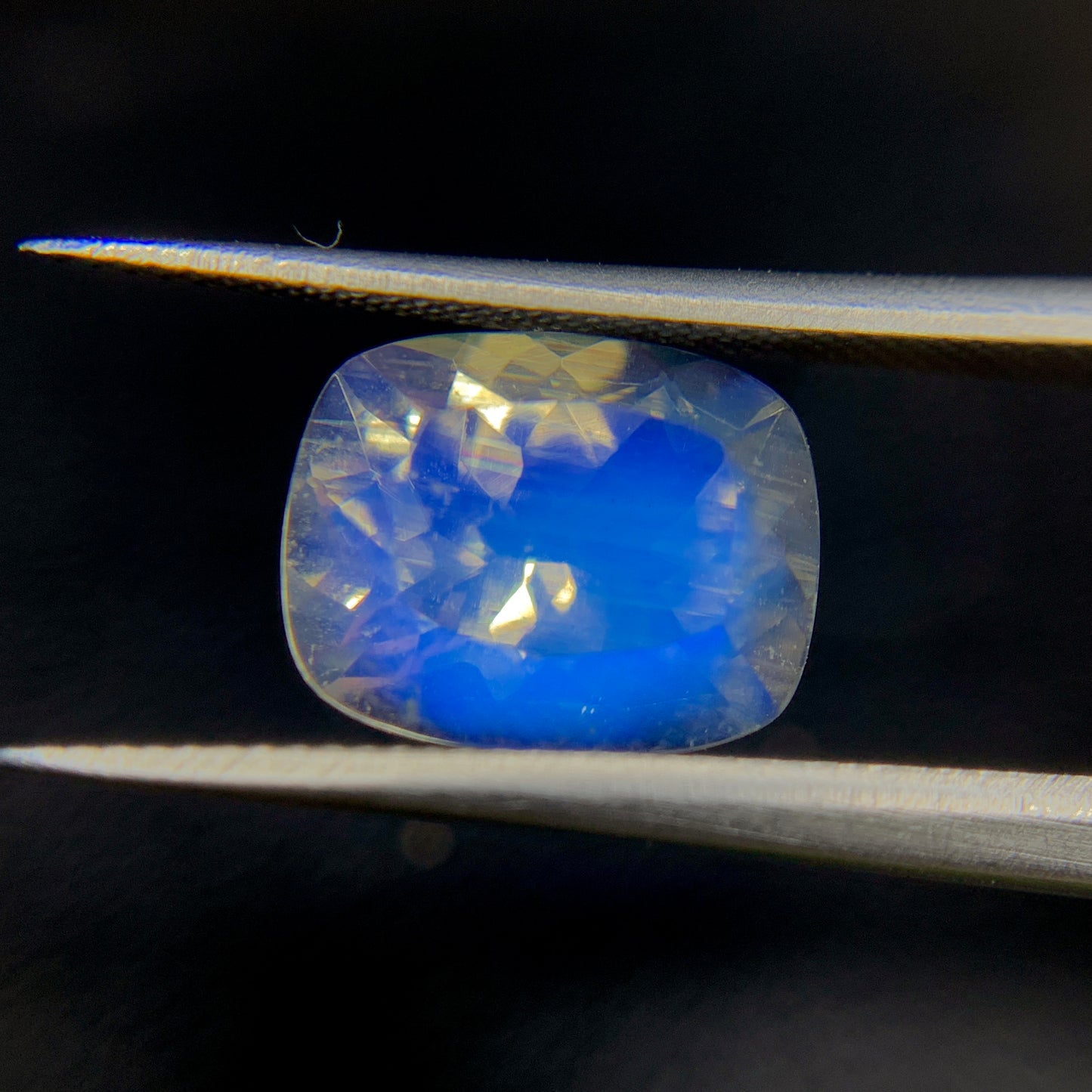 Natural Blue Fire Rainbow Moonstone 2.61 Carat 9.8x7.8 MM Cushion Shape Faceted Gemstone