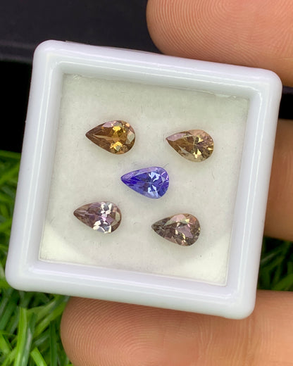 Natural Unheated Bi Color Tanzanite Lot 2.05 Carat 6x4 MM (Approx) Pear Shape Faceted Gemstone 5 Piece Lot
