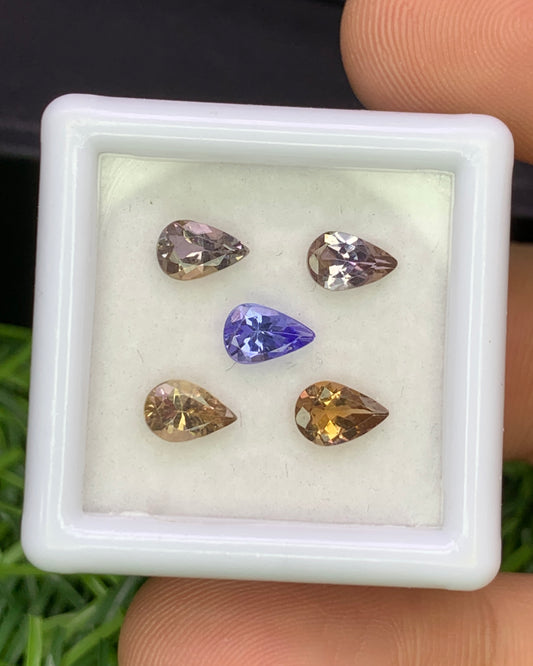Natural Unheated Bi Color Tanzanite Lot 2.05 Carat 6x4 MM (Approx) Pear Shape Faceted Gemstone 5 Piece Lot