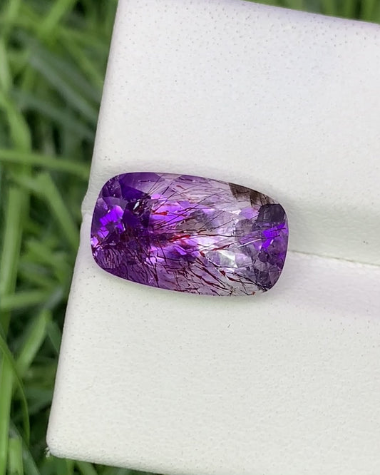 Natural Super Seven 4.19 Carat 13.5x8 MM Cushion Shape Faceted Gemstone with 7 Crystals Healing Stone Seven Chakra Melody Stone