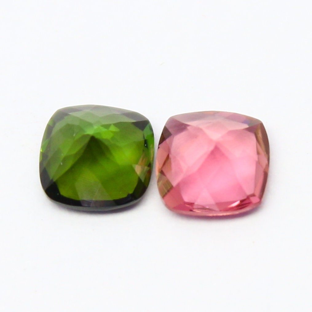 Natural Pink And Green Tourmaline Lot 1.02 Carat 5x5 MM Cushion Shape Faceted Gemstone 2 Piece Lot