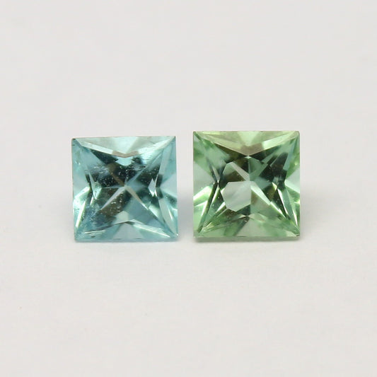 Natural Blue and Green Tourmaline lot 0.71 Carat 4x4 MM Square Shape Faceted Gemstone 2 Piece Lot