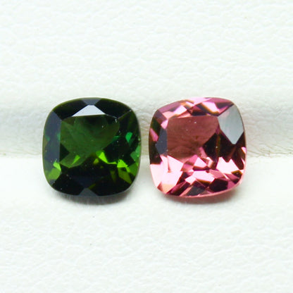 Natural Pink And Green Tourmaline Lot 1.02 Carat 5x5 MM Cushion Shape Faceted Gemstone 2 Piece Lot