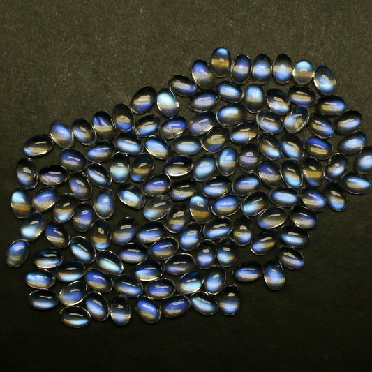 Natural Blue-Fire Rainbow Moonstone Lot 6x4 MM Oval Shape Blue Fire Rainbow Cabochon Gemstone Lot