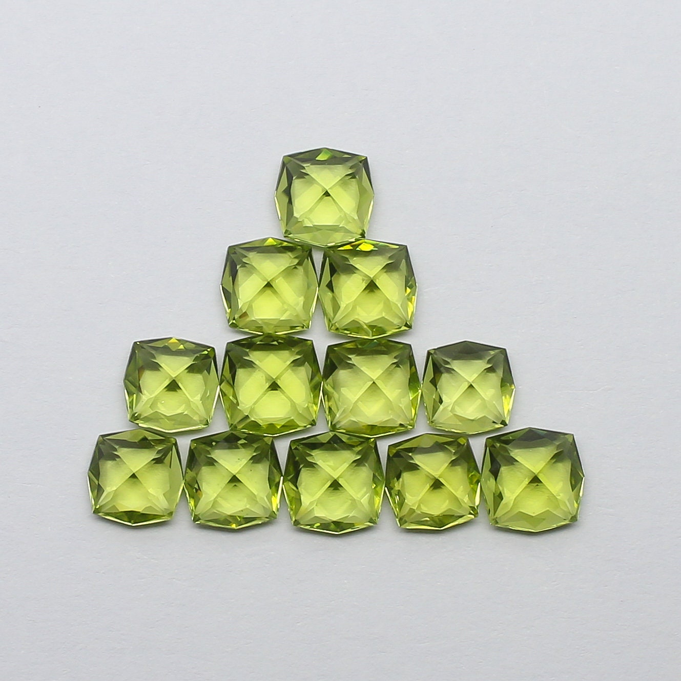 Natural Peridot Lot 18.11 Carat 7x7 MM (Approx.) Fancy Cushion Shape Faceted Gemstone 12 Piece Lot