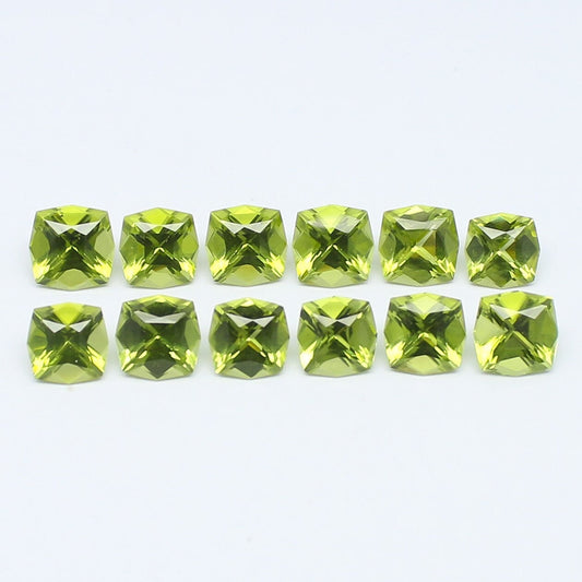 Natural Peridot Lot 18.11 Carat 7x7 MM (Approx.) Fancy Cushion Shape Faceted Gemstone 12 Piece Lot