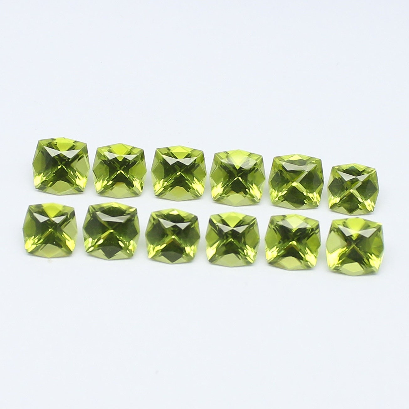 Natural Peridot Lot 18.11 Carat 7x7 MM (Approx.) Fancy Cushion Shape Faceted Gemstone 12 Piece Lot