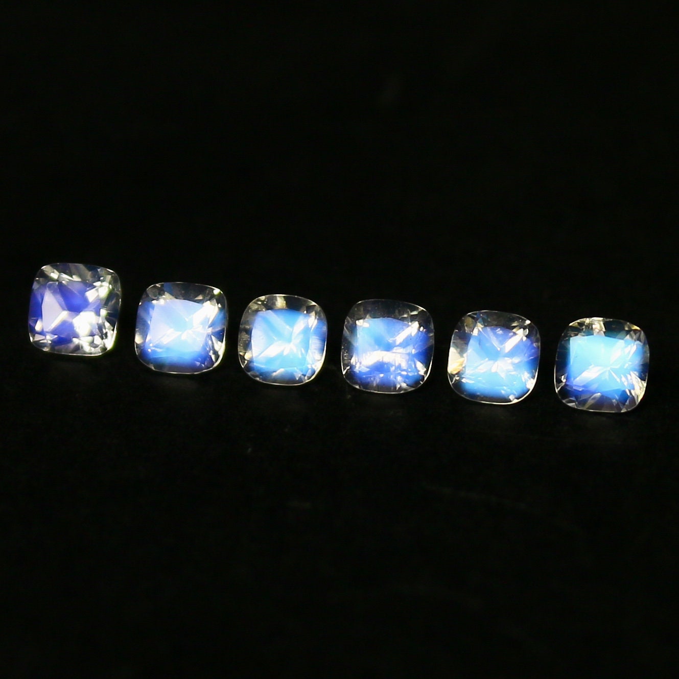 Natural Blue-Fire Rainbow Moonstone Lot 0.70 Carat 3x3 MM Cushion Shape Faceted Gemstone 6 Piece Lot